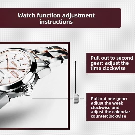 JINSHIDUN Tungsten Steel Mechanical Watch, Waterproof Double Calendar Ladies' Watch