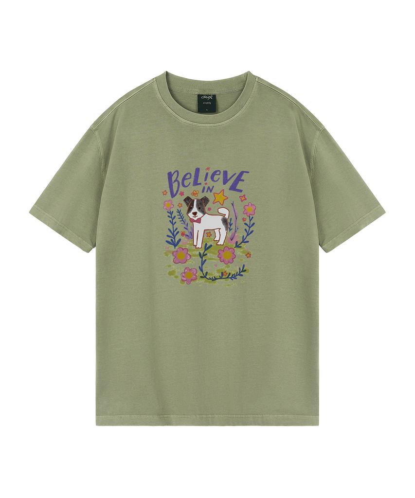 WILDROCK Flower Garden Puppy Pigment Oversized Short Sleeve T-Shirt (Cropped) (Type A)