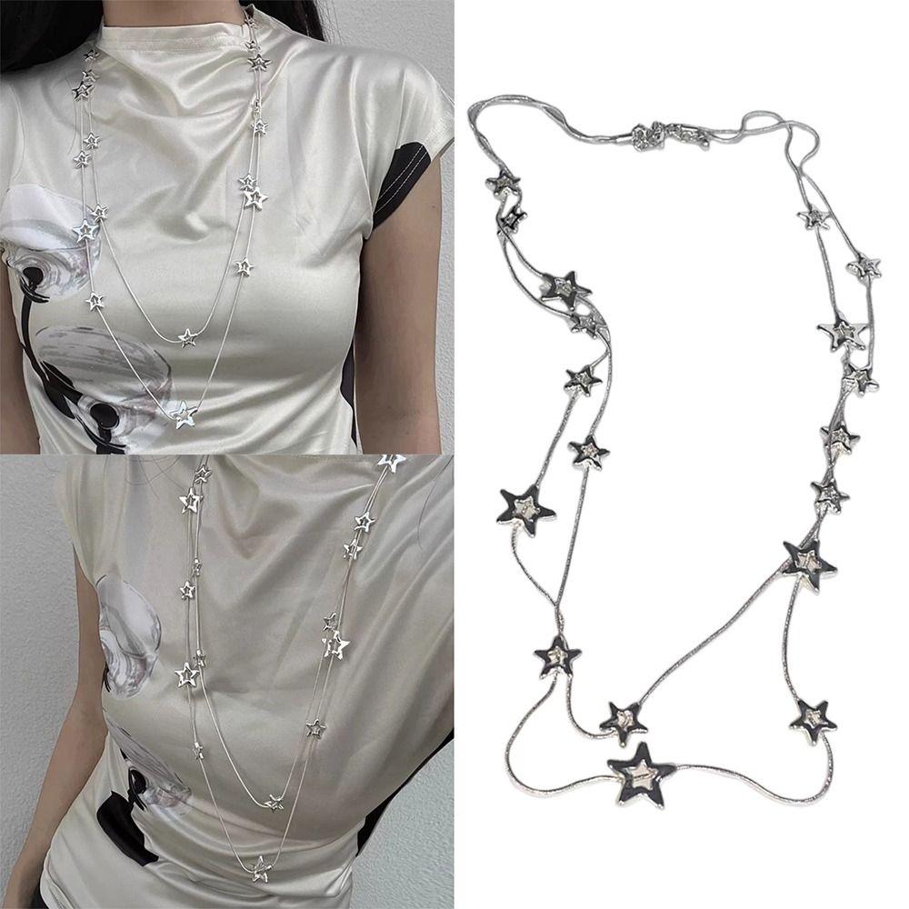 New Alloy Pentagram Star Pendant Silver Color Punk Long Chain Necklace Double Layer Y2K Style Choker