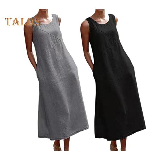 Sleeveless Maxi Dress for Women Loose Crew Neck Tank Dress with Pockets Beach Vacation Long Sundress Summer Casual Outfit