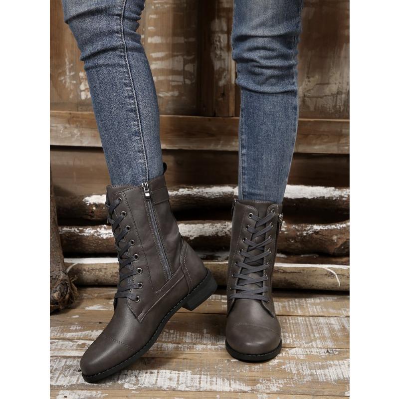 Women's Plus Size Mid-Calf Martin Boots New Autumn Winter Block Heel Lace Up Leather Ankle Boots with Side Zip