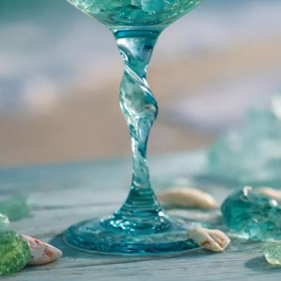 Okyanus Dalgası Spiral Saplı Şarap Kadehi El Üfleme Deniz Camı Kahve Kupası Buzlu Mavi Gradyan Renkli Cam Bardak