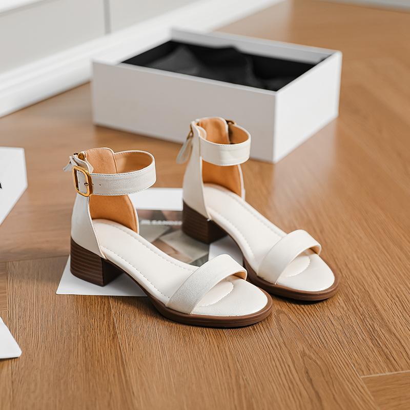 Vintage Word with Open-toed Sandals Women 2025 Summer Soft Leather High-heeled Thick-soled Versatile Bag Heel Roman Shoes Women