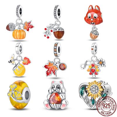 100% Real Copper Autumn Maple Squirrel Charms Fit Original Pan Bracelet For Women Birthday Fine Jewelry Gift