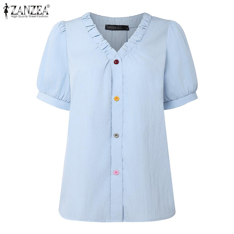 

ZANZEA Женская блузка с V-образным вырезом, пышными рукавами, оборками, однотонная, на пуговицах, повседневная 4XL синий