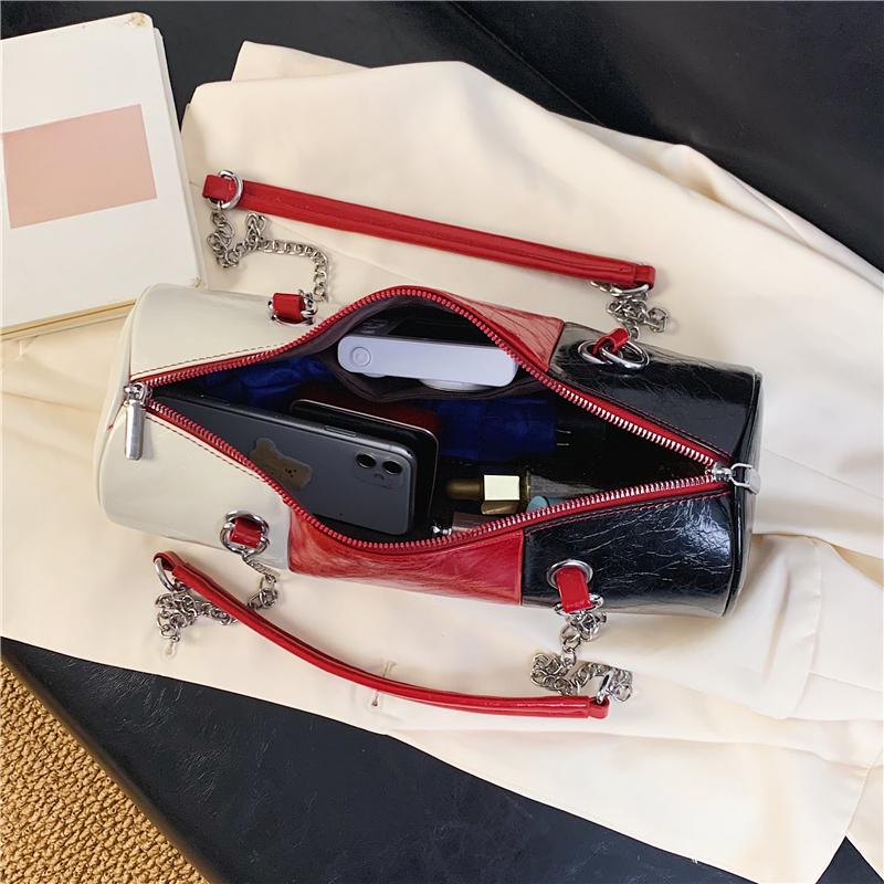 Bolsos de Hombro con Cadena de Moda Para Mujer Color de Contraste Cuero Pu Bolso de Mano Costura Tricolor Bolso Cilíndrico Casual Pequeña Capacidad Bolso Cruzado