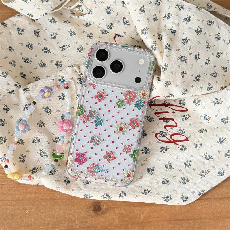Soft Pink Flower Polka Dot Glitter Clear Case With Wrist Strap For iPhone 15 16 17 Pro Max INS Kawaii Shockproof Cover