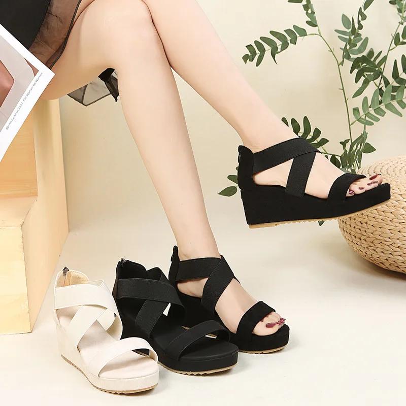Fashion New Wedge Sandals for Women 2025 Summer Fashion Cross-strap One Word Roman Shoes Ladies Chunky Soled Back Zip Peep Toe Sandalias