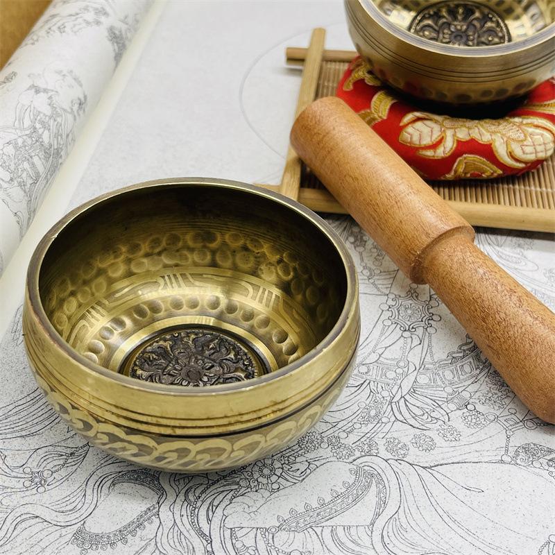Tibetan Brass Singing Bowl, Yoga Meditation Bowl for Sound Healing Stress Relief, Buddha Mindfulness Bowl Handmade Instrument