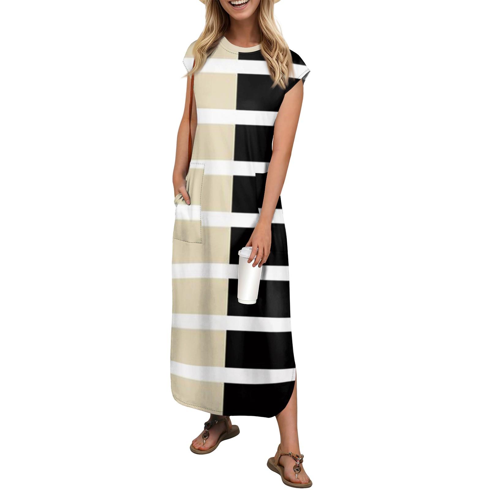 

Ladies Fashion Casual Beach Vacation Striped Print Sundress Knee-length Beach Skirt With Pocket Skirt XL хакі