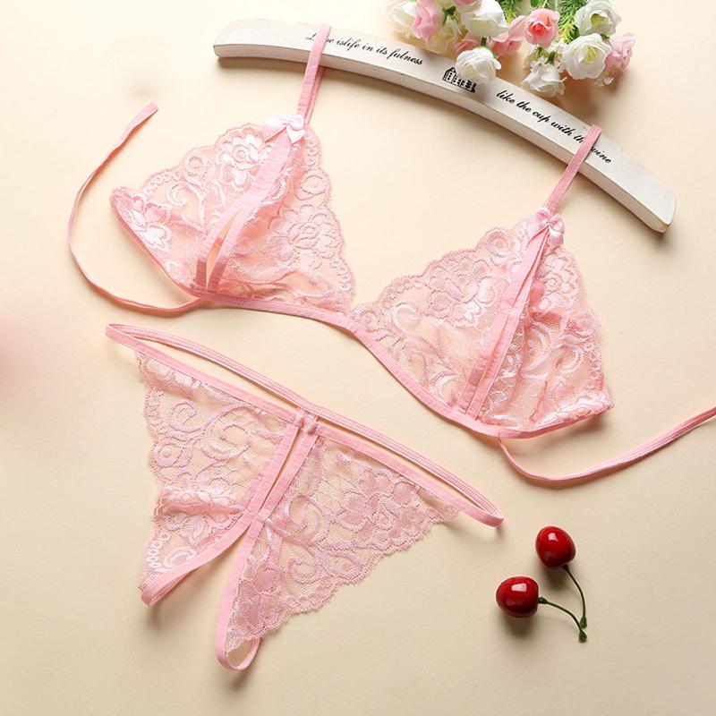 4 Pieces/set Women's Lace Lingerie Set Sexy Underwear Hollow Opening Bra Thong Garter Net Stockings Set Erotic Exotic Underwear