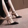 Riveted Nude High Heel Sandals for Women In Summer , New Slim Heeled Pointed Fashion Sexy Back Empty Women's Sandals