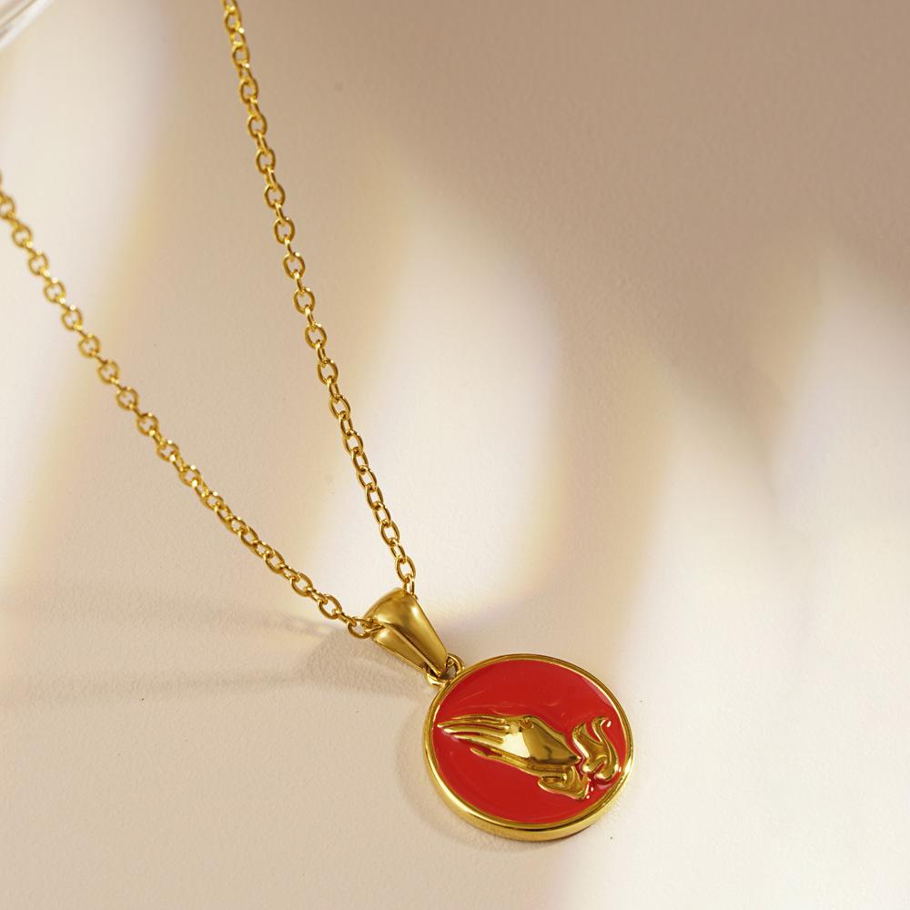 Europe America Style Retro Oil-Drop Prayer-Hands Womens Personalized Polished Electroplated Stainless Steel Pendant Necklace for
