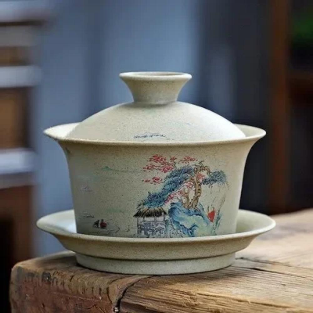 130ml Customized Coarse Pottery Gaiwan Antique Ceramic Tea Infuser Portable Beauty Tea Set Chinese with Lid Teacup Tea Bowl