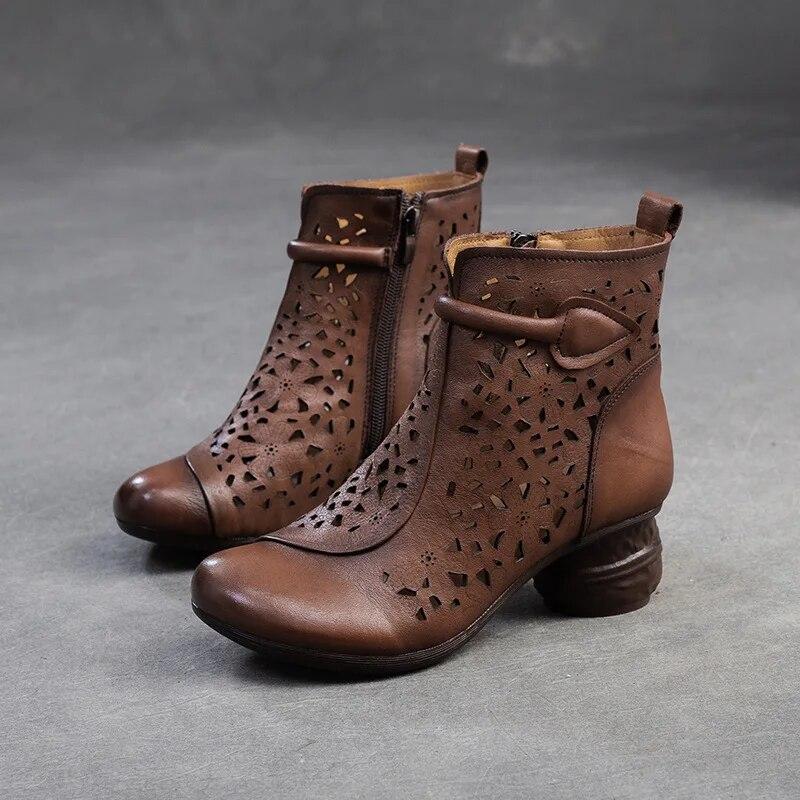 Johnature Retro Prodyšné Holínky Letní Sandály Móda z pravé kůže Dámská obuv na vysokém podpatku