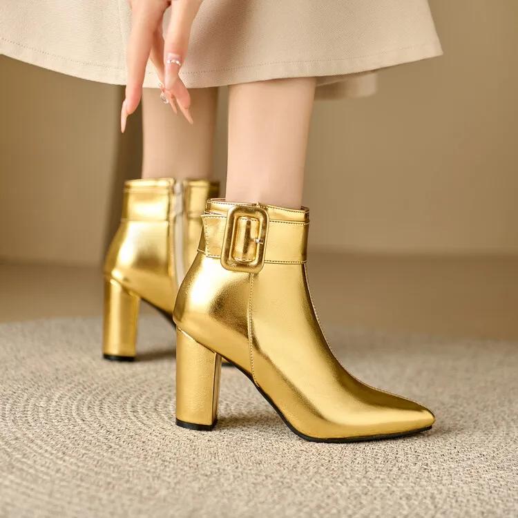 Fashion Golden Silver Belt Buckle Pointed Women's Short Boots New European American Winter Warm 8.5cm High Heels Ankle Boots Size 32-46