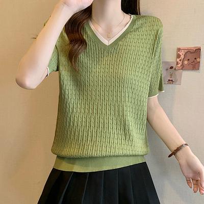 Women Sweaters Pullovers 2025 Summer Short Sleeve V-Neck Black Knitted Sweater Women Tops Pullover JJ221