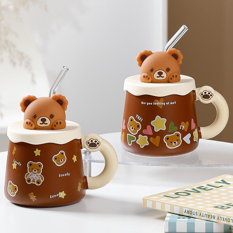 Korean version bear mug large capacity with lid straw creative cup cute coffee cup drinking cup gift box