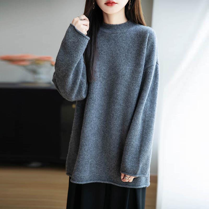 Women's Pure Wool Loose Knit Dress - Autumn & Winter, Round Neck, Solid Color, Plus Size, Medium Long, Korean Style.