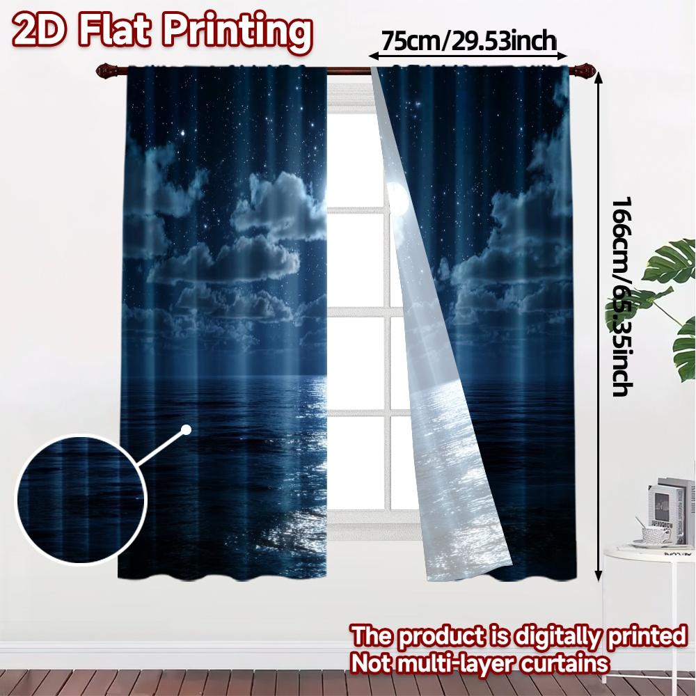 2pcs   2D FLAT PRINTING Curtains (Without Rod) Moonlit Ocean Modern Light Filtering Curtains Durable Polyester Curtains