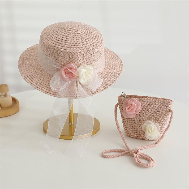 Straw Hat 2pcs Suit Cute and Shoulder Bag Girls Cartoon Bear Children Sun Hat Bag Set Spring Beach Hats For BoyGirl Kid Brim Cap