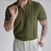 Mens Vertical Hollow Knit Short Sleeve Lapel V Neck Polo Shirt