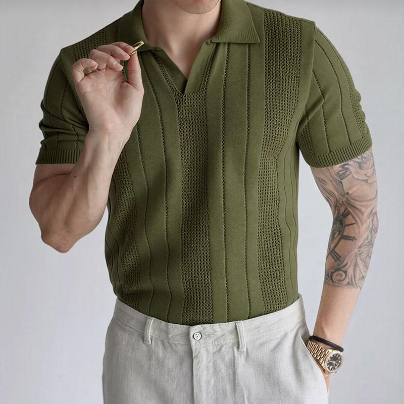 Mens Vertical Hollow Knit Short Sleeve Lapel V Neck Polo Shirt S