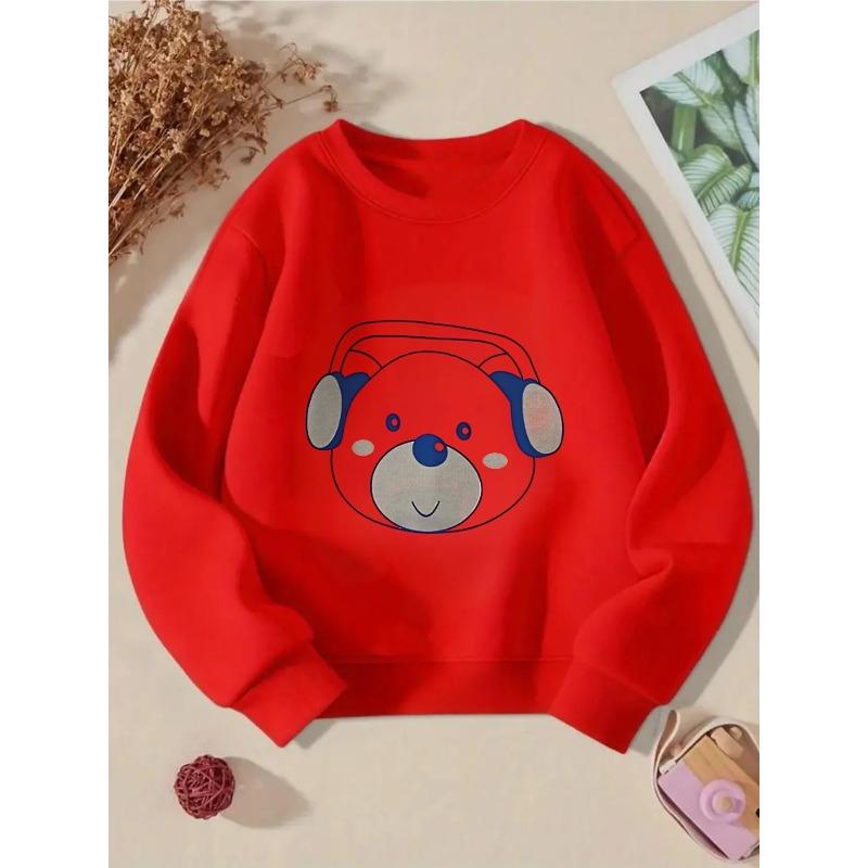 Girls' Crewneck Sweatshirt - Cute Bear Wearing Headphones Pattern Machine Washable, Spring And Autumn