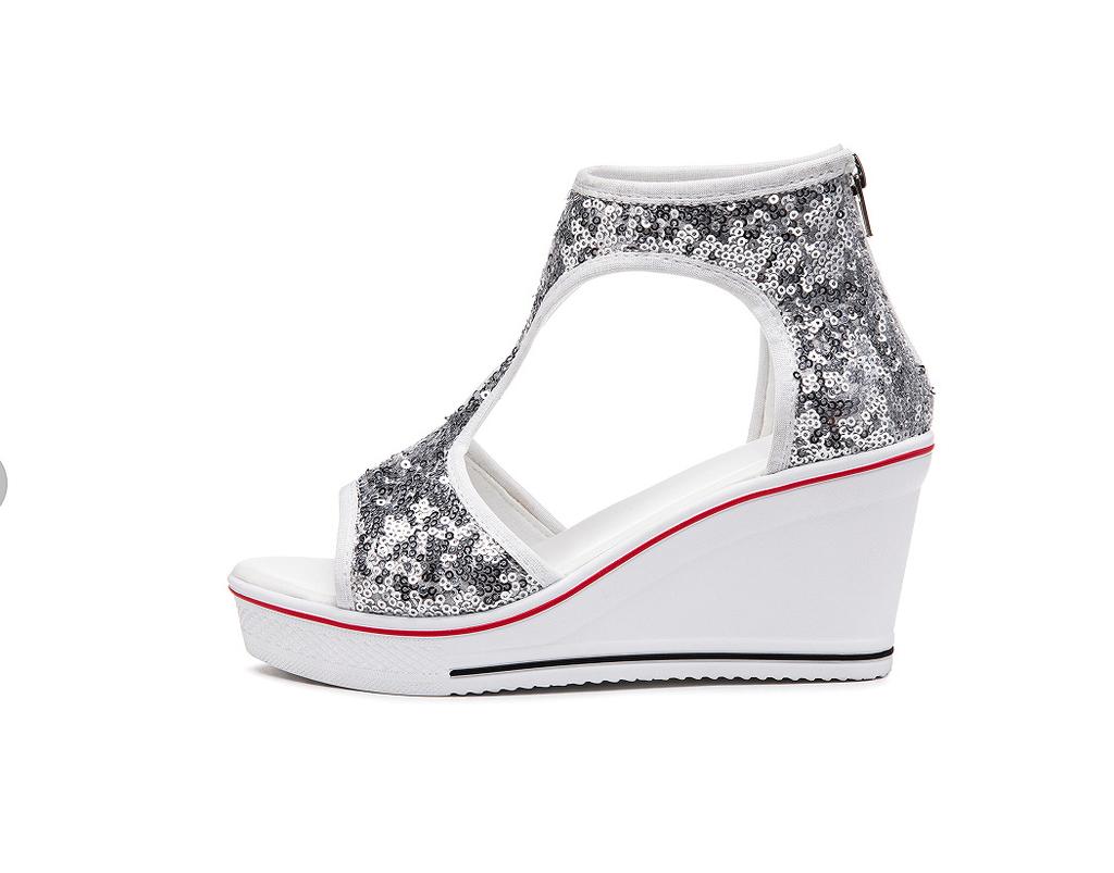 Sandals Women's Summer Slope Heel Open-toed Hollowed-out Women's Shoes 2025 New Version 8CM Beaded High-top Fish Mouth Sandals