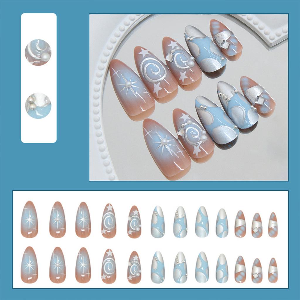 24PCS Blush Blue Fake Nails with Star Printed Chip-Proof Smudge-Proof Fake Nails for Fingernail DIY Decoration