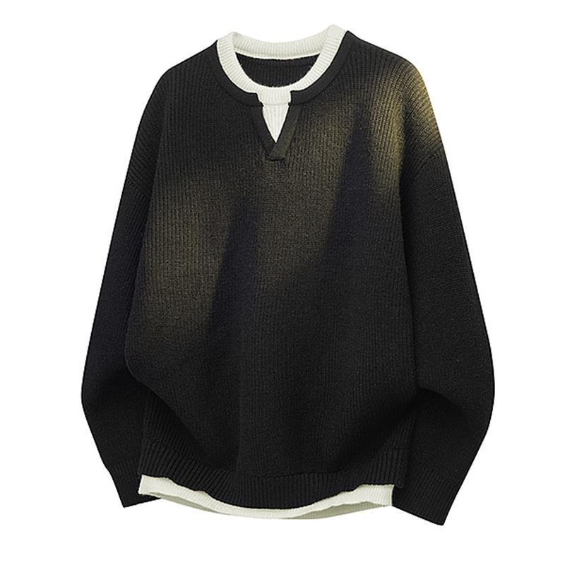 Mens Fake Two Piece Patchwork Thick Knit Loose Pullover Sweater