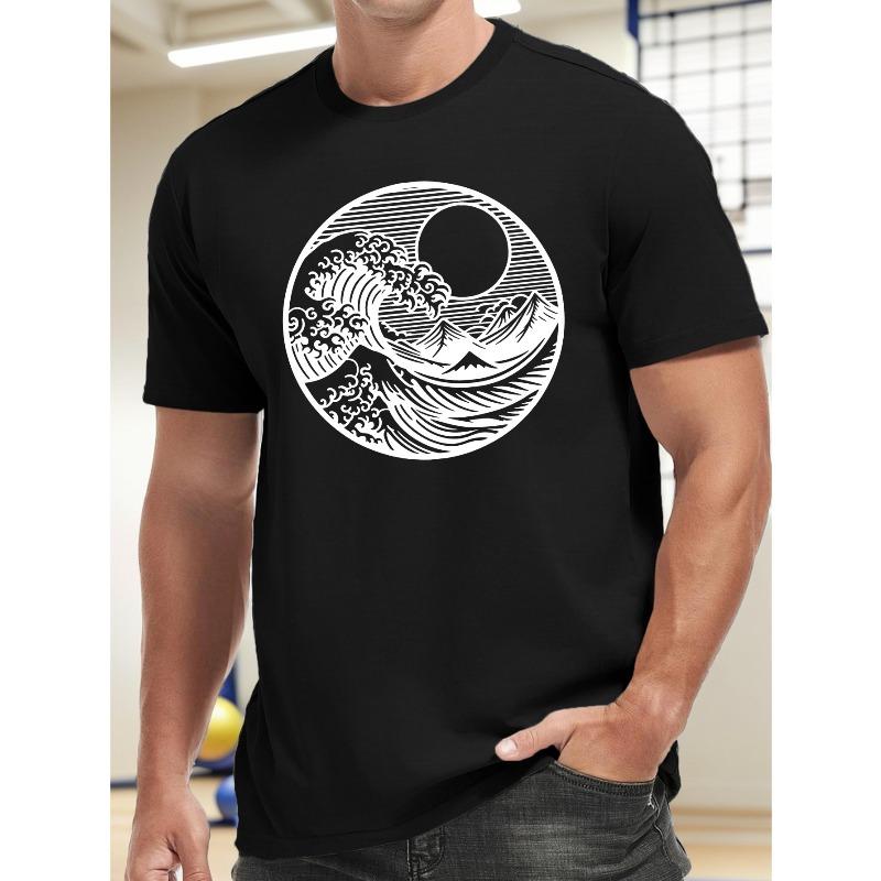 

European Size Casual Sports T-Shirt - Men s Geometric Wave Pattern Crew Neck with Slight Stretch Knit Fabric for Weekend Outings - Summer Outdoor Top 4XL чорний