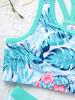 Girls 3 Piece Swimsuit Set Long Sleeve Rash Guard Mock Neck Top Strappy Back Crop Top Swim Shorts UPF Sun Protection