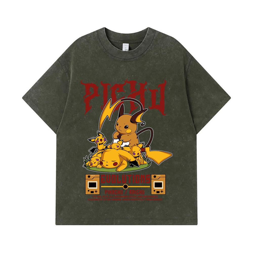 275 GSM Washed T-shirts 100% Cotton Pokemon V18 Pikachu Evolutions Print Unisex Heavy Cotton T Shirt S