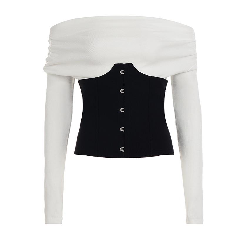 Elegant Slimming One-Shoulder Long-Sleeved Two-Piece T-shirt with Waistband Medium