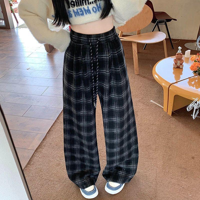 Early Spring Blue Plaid Casual Pants for Women with High Waist Straight-leg Pants Design Slim and Loose Wide-leg Pants
