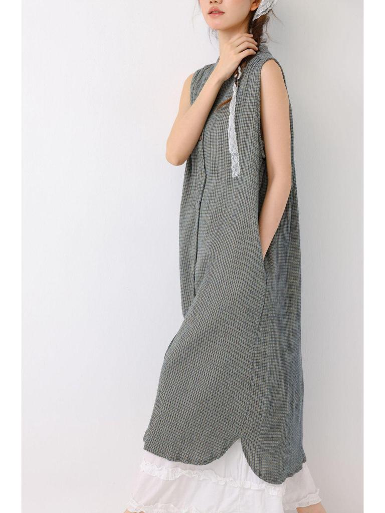 2026 Spring/Summer Mori-kei Check Sleeveless Bubble Dress for Women - Loose & Versatile Casual Vest Style