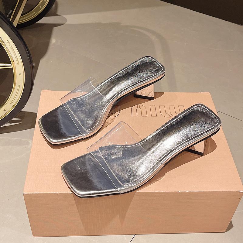 Beautiful sandals women's 2025 new fairy with skirt transparent high heels crystal half slippers outer shoes