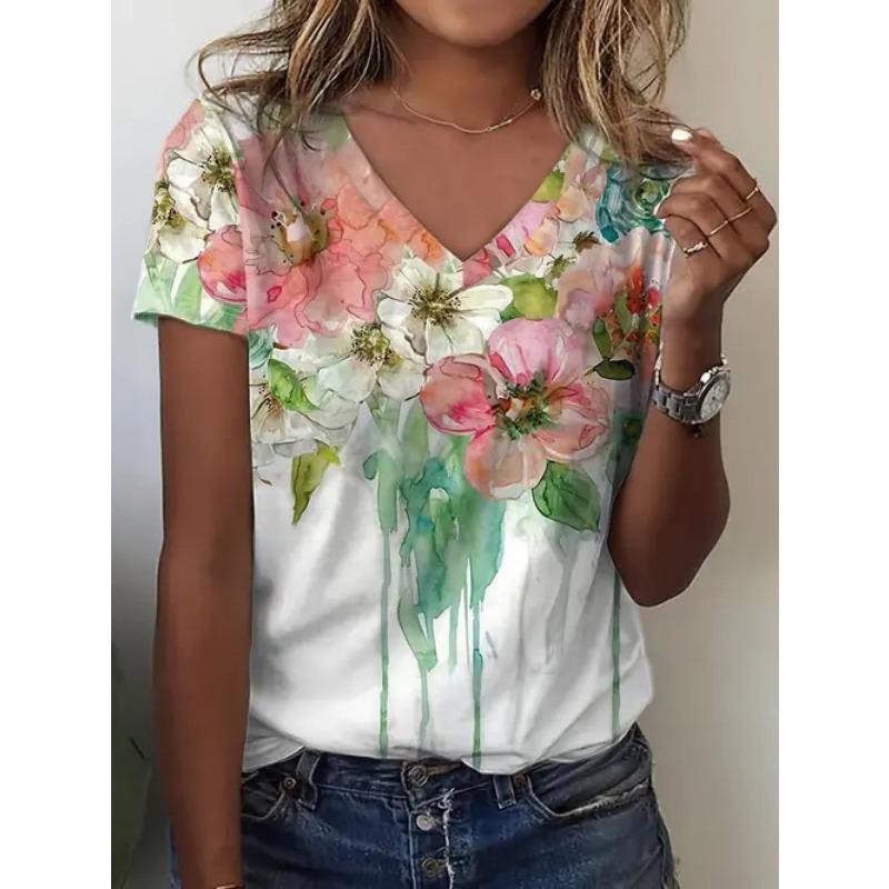 

Женская модная темпераментная футболка с V-образным вырезом и короткими рукавами с цветным принтом XL
