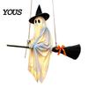 Playful Ghost Face Decoration Halloween Hanging Outdoor Decoration, Spooky LED Light Up Witch Warm Yellow Decor on Broom for Home, Tree, Porch, Patio,