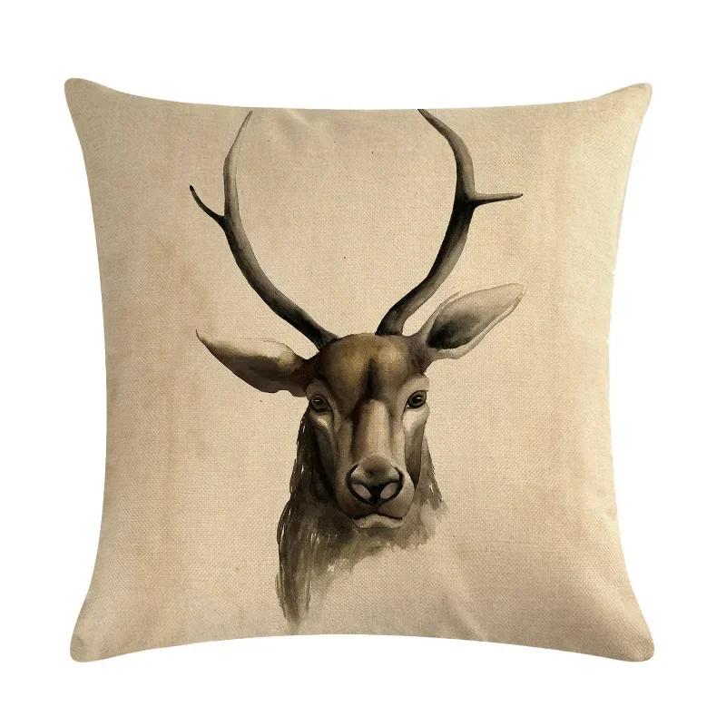 Nordic Cartoon Moose Art Oil Painting Linen Cushion Cover Living Room Sofa Car Decoration Furniture Pillow Cover 45*45Cm