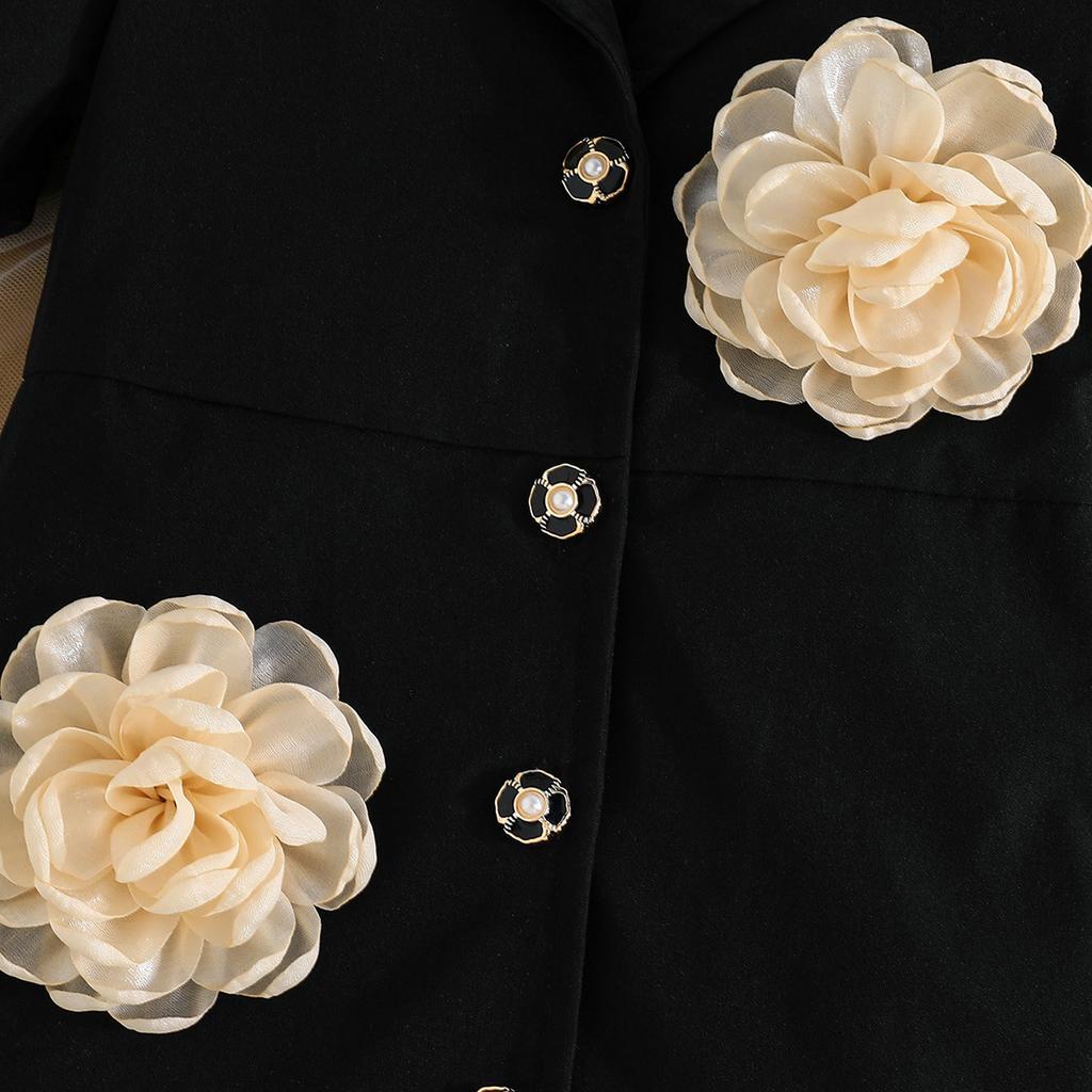 Neuer Sommerstil Mädchen einfarbiger Kurzarm-Blazer + Vorderseite florales Modekleid