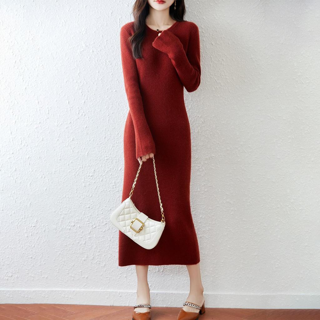 100% Pure Wool Women's Round Neck Slimming Knee-Length Dress for Autumn/Winter.
