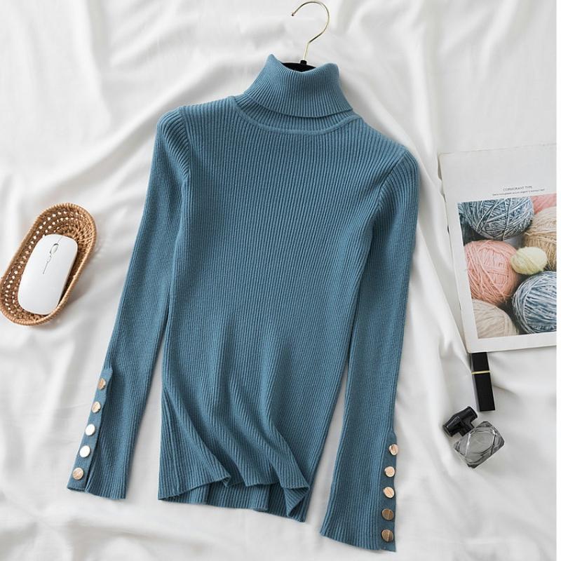 

Осенний вязаный свитер на пуговицах с длинным рукавом для женщин, модный однотонный тонкий свитер с высоким воротом, женские повседневные зимние новые женские пуловеры, топы 25479 One Size синий