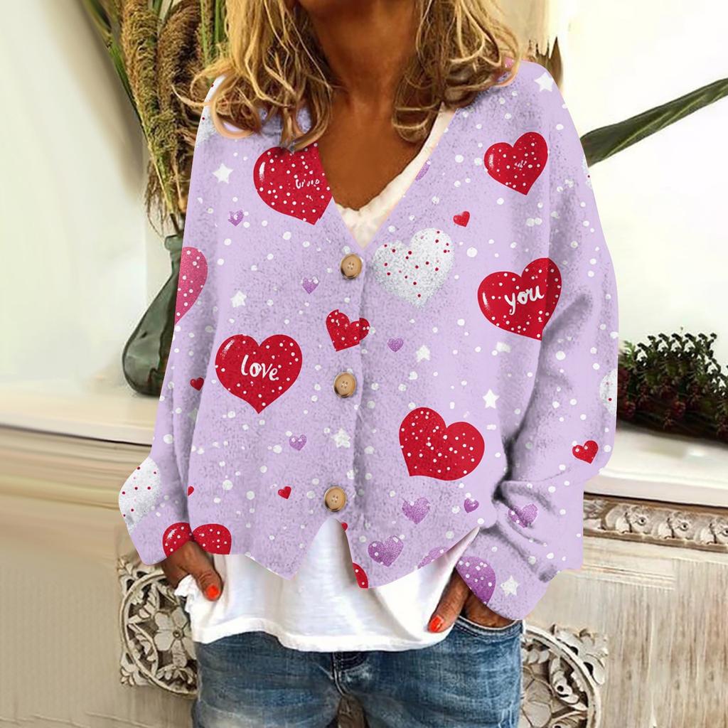 Women's Fashion Short Jacket Casual Long Sleeve Valentine's Day Printed Single Breasted Plush Top