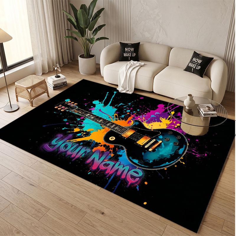 Music Guitar Theme Soft Crystal Velvet Rug Custom Name & Text Print Non Slip Floor Rug for Bedroom Living Room