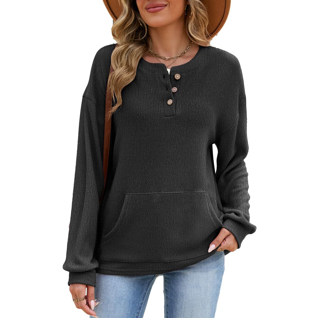 New Autumn-winter Pure-color Round-neck Button-up Loose-fitting Long-sleeved Pocketed Hoodie for Women
