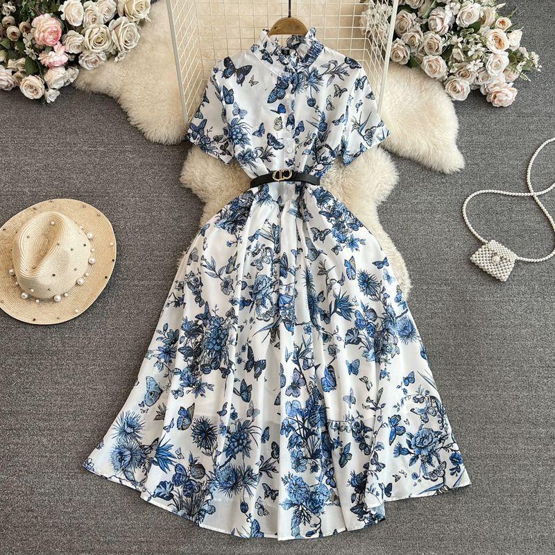 

Fancy Socialite Elegant Short Sleeve Stand-up Collar Cinched Slim Looking A- line Ink Painting Print Dress Elegance Large Swing Dress Blue Print 2XL