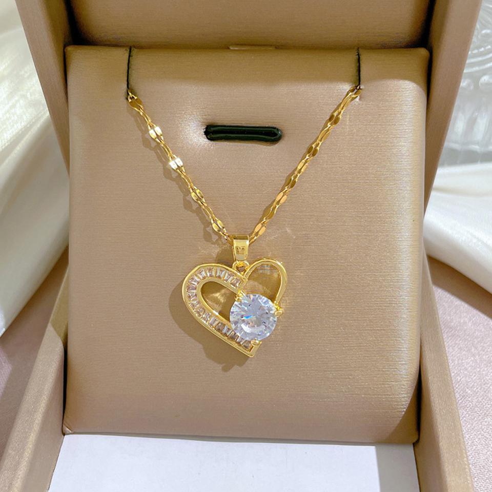 ZAKOL Exquisite Clear Zircon Heart-shaped Pendant Necklace for Women Gold Color Titanium Steel Chain Love Zircon Gift