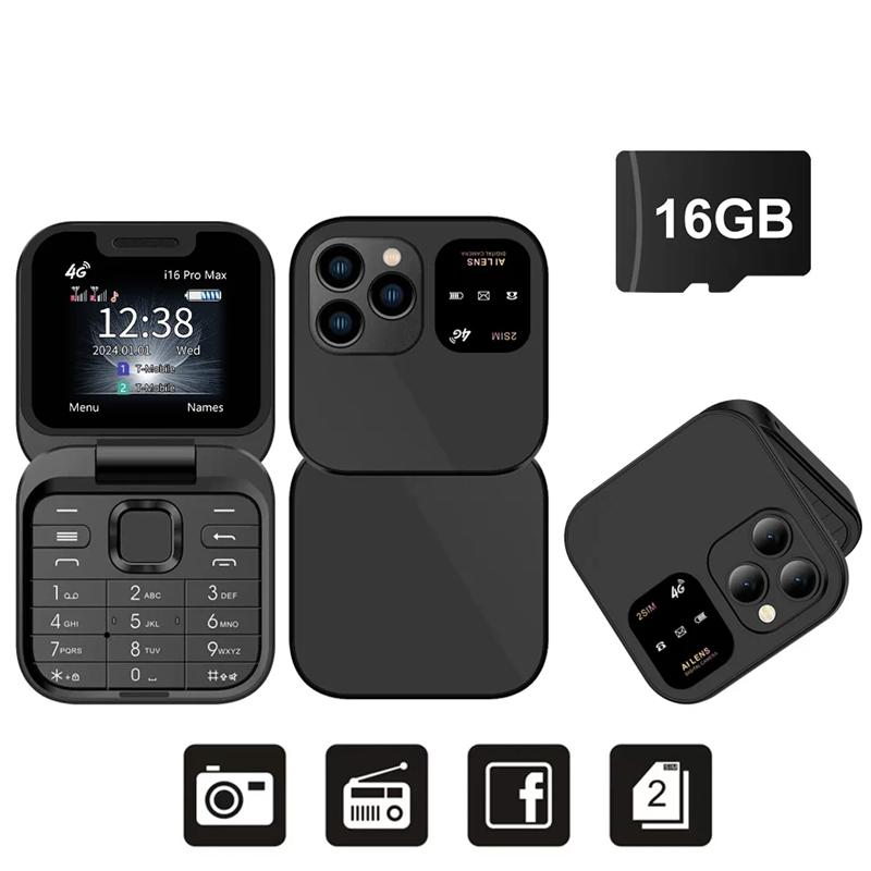 2025 I16 PRO MAX 4G Mini Fold Mobile Phone 2 SIM Card Speed Dial Video Player Magic Voice Blacklist Small Flip Cellphone Type-C
